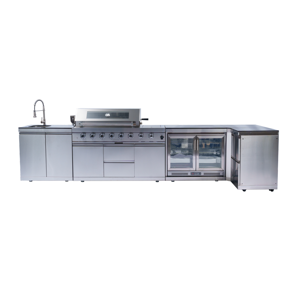 62-Inch 6-Burner 96000 BTU Deluxe Stainless Steel Gas Outdoor Kitchen Bar Barbecue Island Grill + Wine Cooler Compact Refrigerator + Rotisserie + Granite Countertops + Storage Cabinets & Drawers, White
