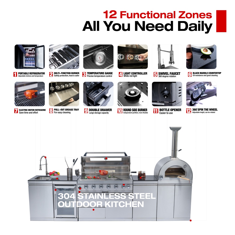 43-Inch 6-Burner 85000 BTU Deluxe Stainless Steel Gas Outdoor Kitchen Bar Barbecue Island Grill + 35000 Pizza oven + Wine Cooler Compact Refrigerator + Rotisserie kit + Granite Countertops + Stainless steel Sink
