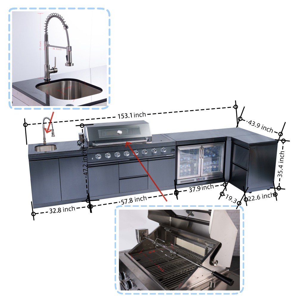 62-Inch 6-Burner 96000 BTU Deluxe Stainless Steel Gas Outdoor Kitchen Bar Barbecue Island Grill + Wine Cooler Compact Refrigerator + Rotisserie + Granite Countertops + Storage Cabinets & Drawers, Black