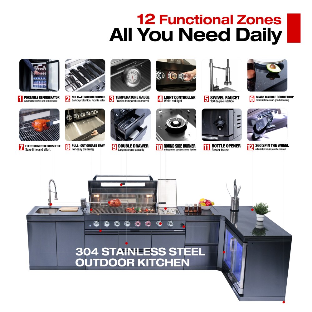62-Inch 6-Burner 96000 BTU Deluxe Stainless Steel Gas Outdoor Kitchen Bar Barbecue Island Grill + Wine Cooler Compact Refrigerator + Rotisserie + Granite Countertops + Storage Cabinets & Drawers, Black