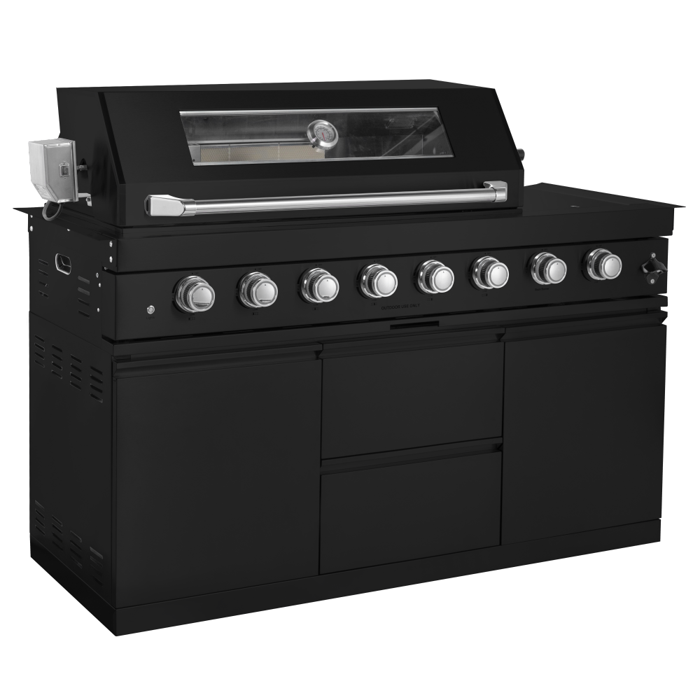 62-Inch 6-Burner 96000 BTU Deluxe Stainless Steel Gas Outdoor Kitchen Bar Barbecue Island Grill + Wine Cooler Compact Refrigerator + Rotisserie + Granite Countertops + Storage Cabinets & Drawers, Black