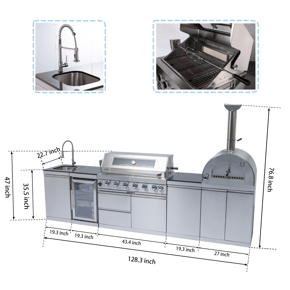 43-Inch 6-Burner 85000 BTU Deluxe Stainless Steel Gas Outdoor Kitchen Bar Barbecue Island Grill + 35000 Pizza oven + Wine Cooler Compact Refrigerator + Rotisserie kit + Granite Countertops + Stainless steel Sink