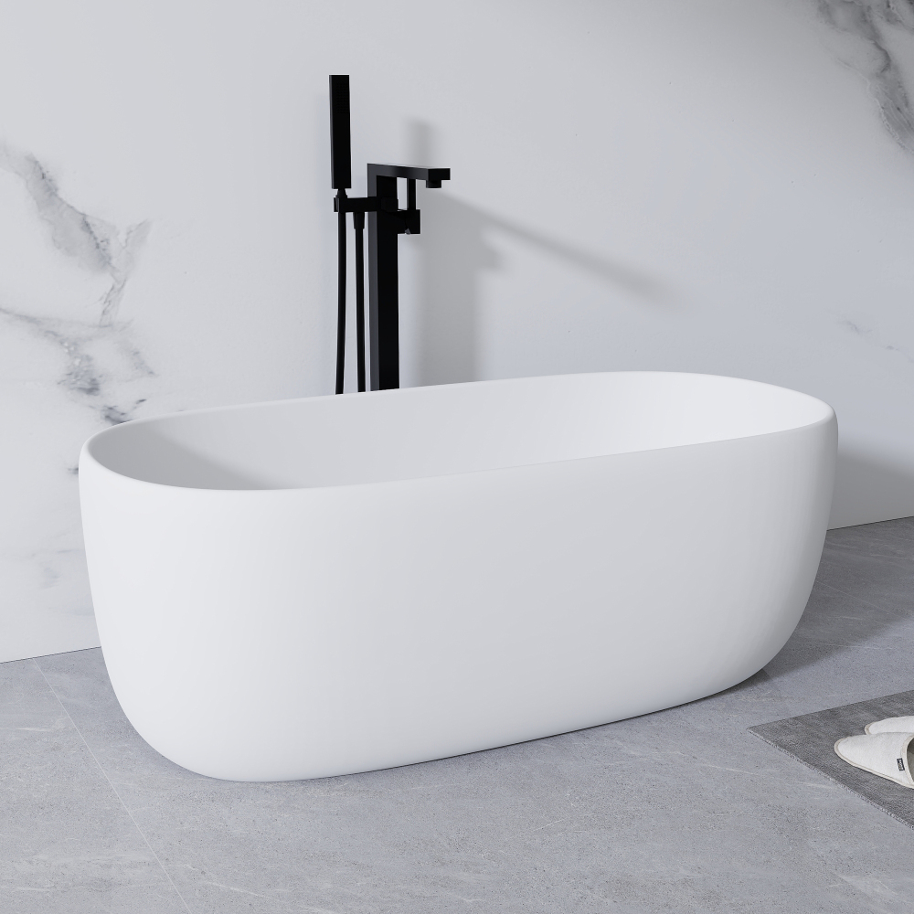 51 in. x 25 in. Solid Surface Stone Resin Flatbottom Freestanding Double Slipper Soaking Bathtub in Matte White