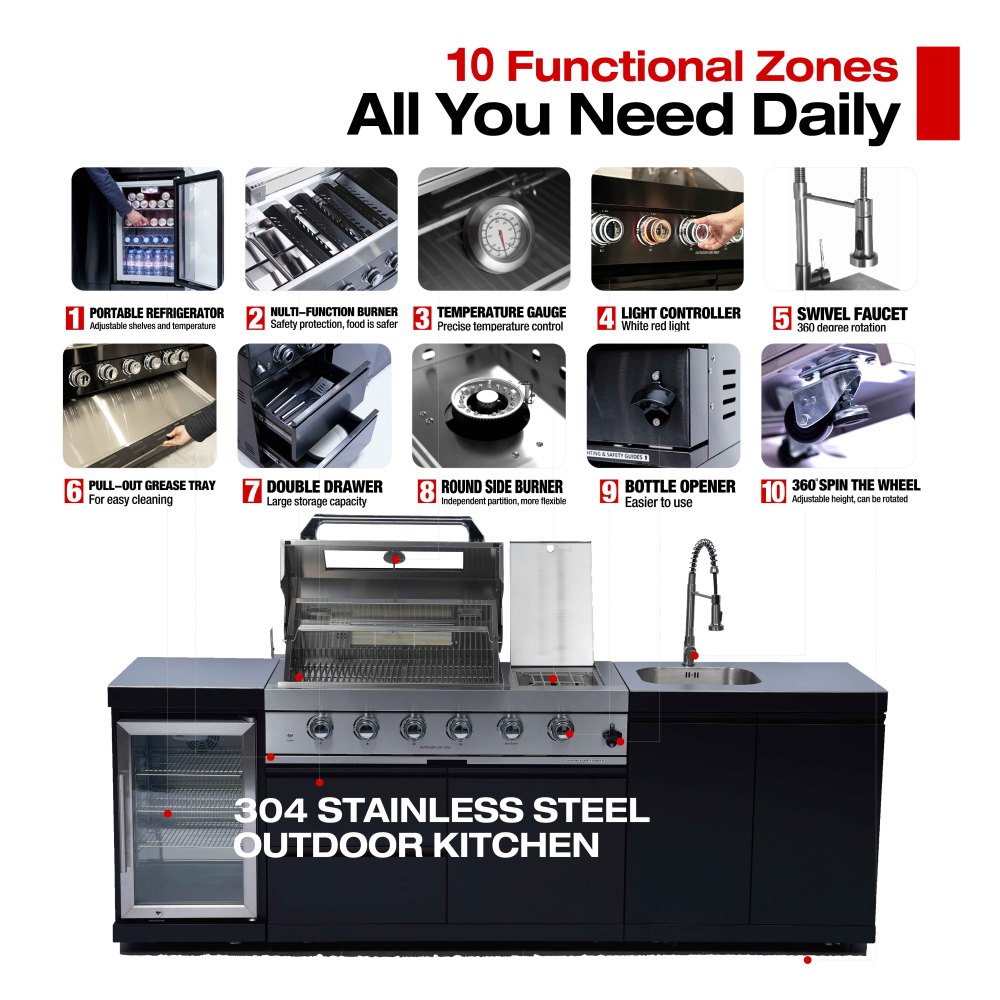 43-Inch 4-Burner 72000 BTU Deluxe Stainless Steel Gas Outdoor Kitchen Bar Barbecue Island Grill + Wine Cooler Compact Refrigerator + Sink