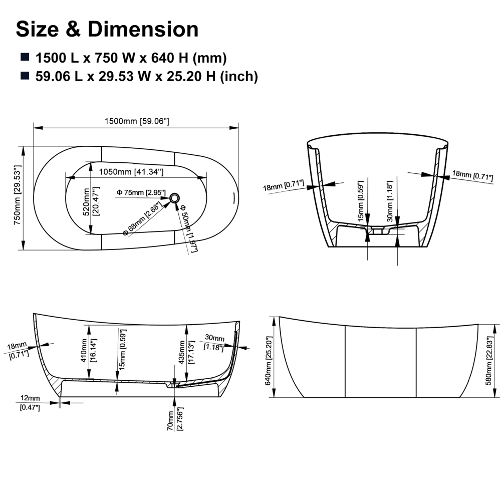 59 in. x 29 in. Freestanding Solid Surface Soaking Bathtub in Matte White
