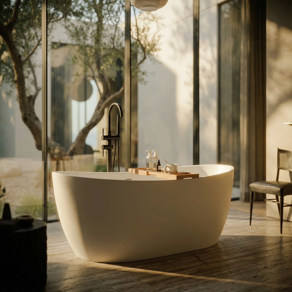 71 in. x 33 in. Freestanding Solid Surface Soaking Bathtub in Matte White