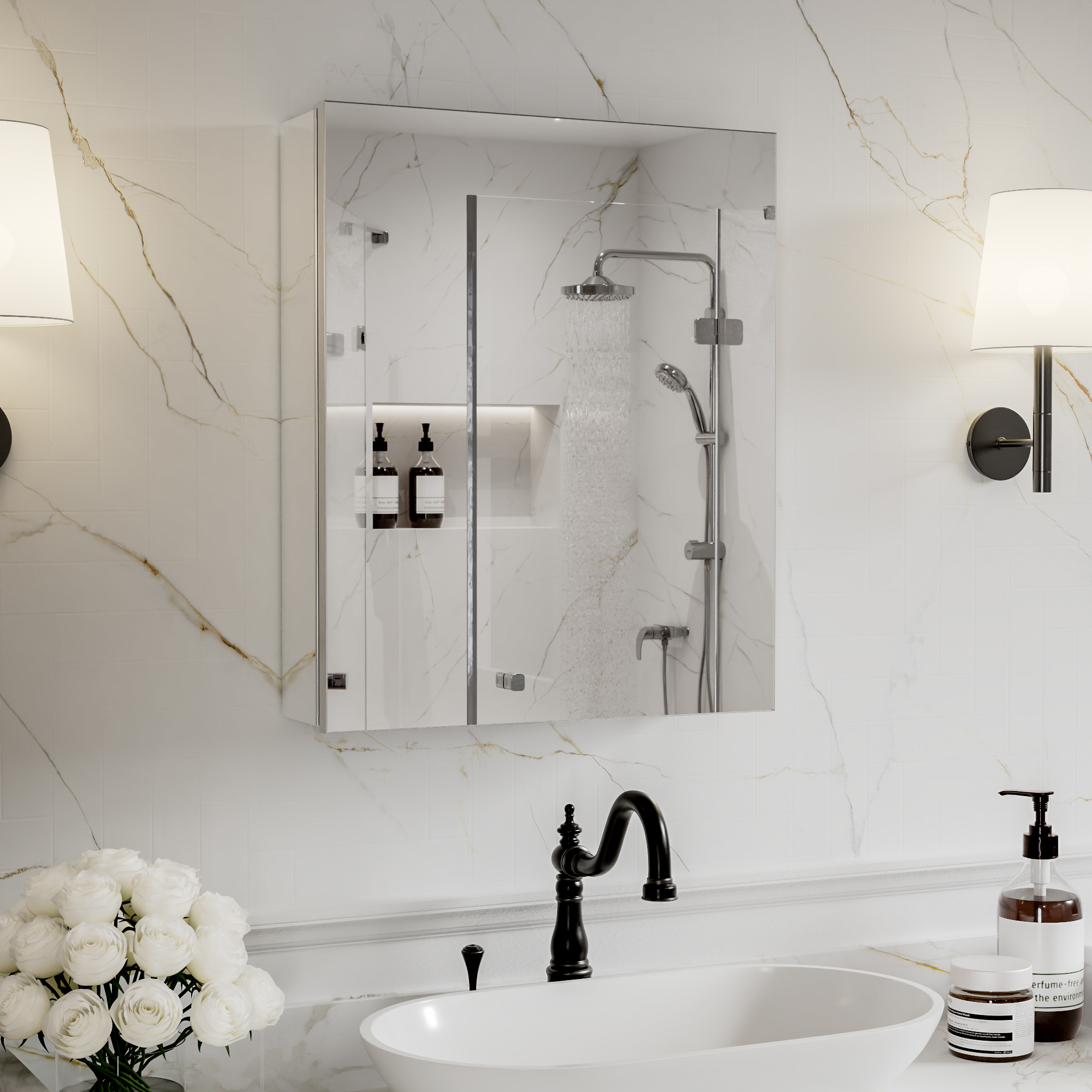 20" W x 24" Rectangular Medicine Cabinet with Mirror in Silver, Adjustable Shelves, Soft-Close Hinges, Side Mirror Equipped