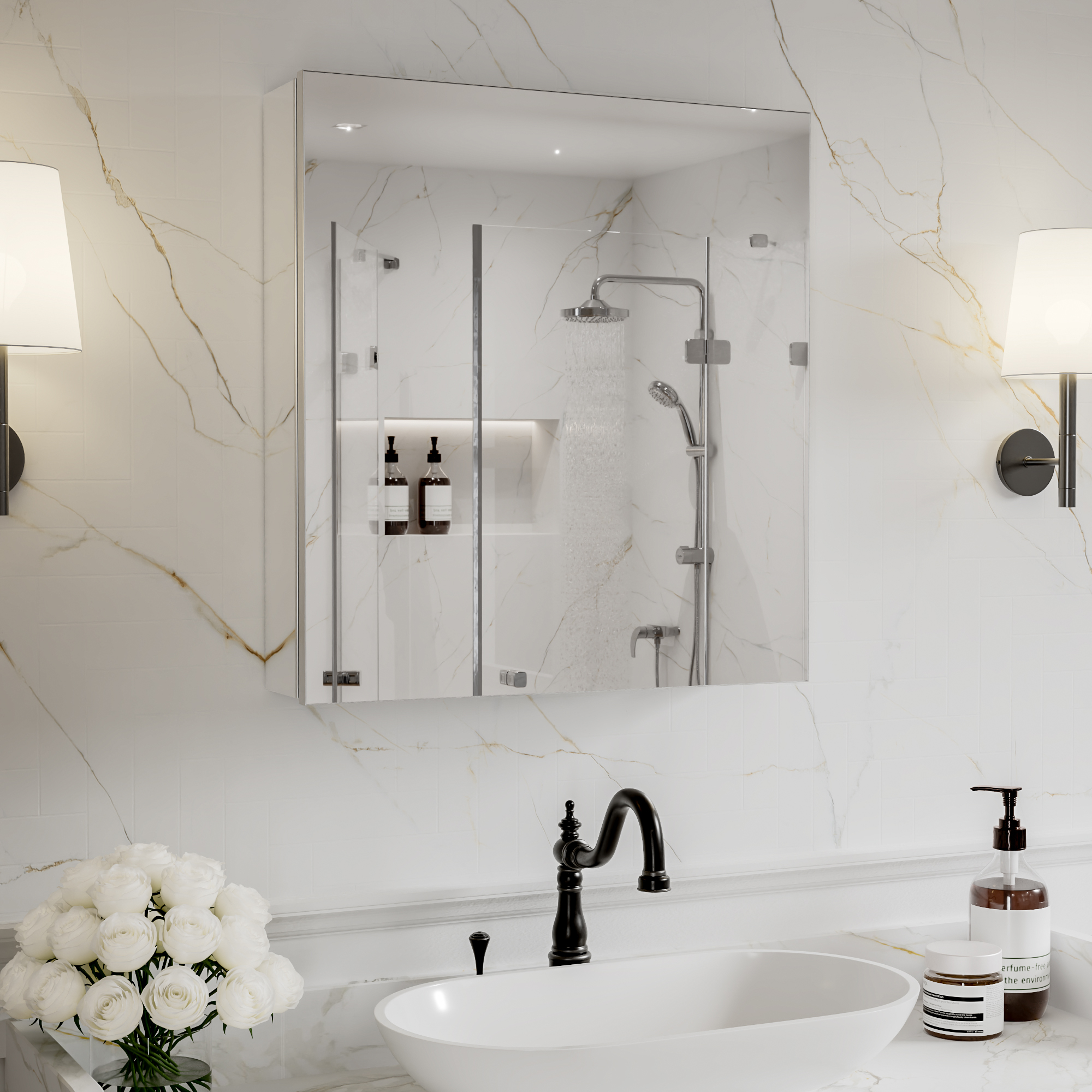 24" W x 26" Rectangular Medicine Cabinet with Mirror in Silver, Adjustable Shelves, Soft-Close Hinges, Side Mirror Equipped
