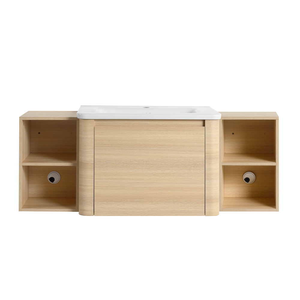 52'' Wall-Mounted Bathroom Vanity with White Ceramic Sink and 2-Storage Shelves & 1-Soft-Close Door, KD-Packing, Plywood, American White Oak