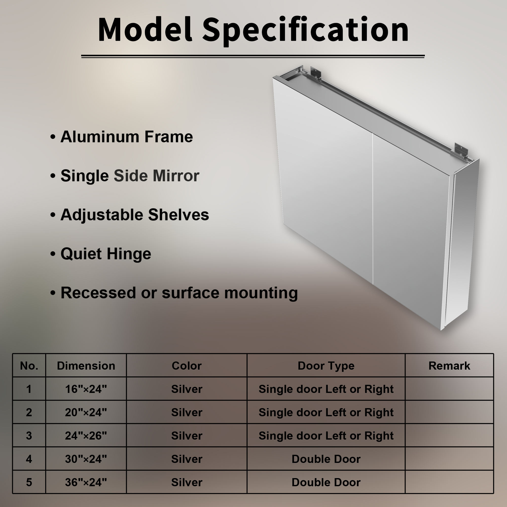 20" W x 24" Rectangular Medicine Cabinet with Mirror in Silver, Adjustable Shelves, Soft-Close Hinges, Side Mirror Equipped