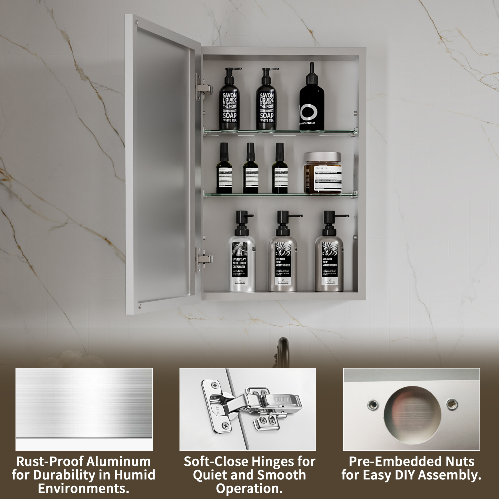 16" W x 24" Rectangular Medicine Cabinet with Mirror in Silver, Adjustable Shelves, Soft-Close Hinges, Side Mirror Equipped