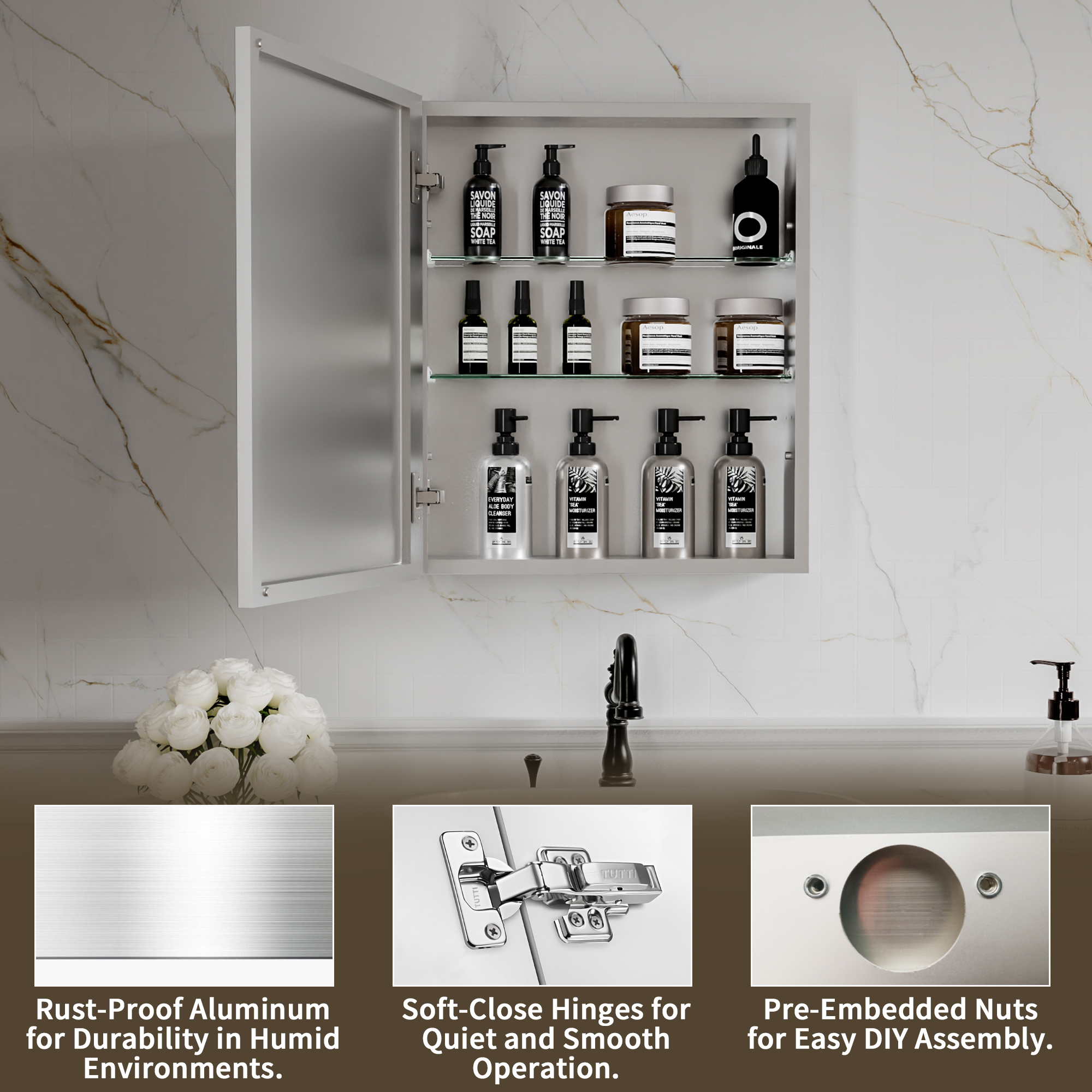 20" W x 24" Rectangular Medicine Cabinet with Mirror in Silver, Adjustable Shelves, Soft-Close Hinges, Side Mirror Equipped