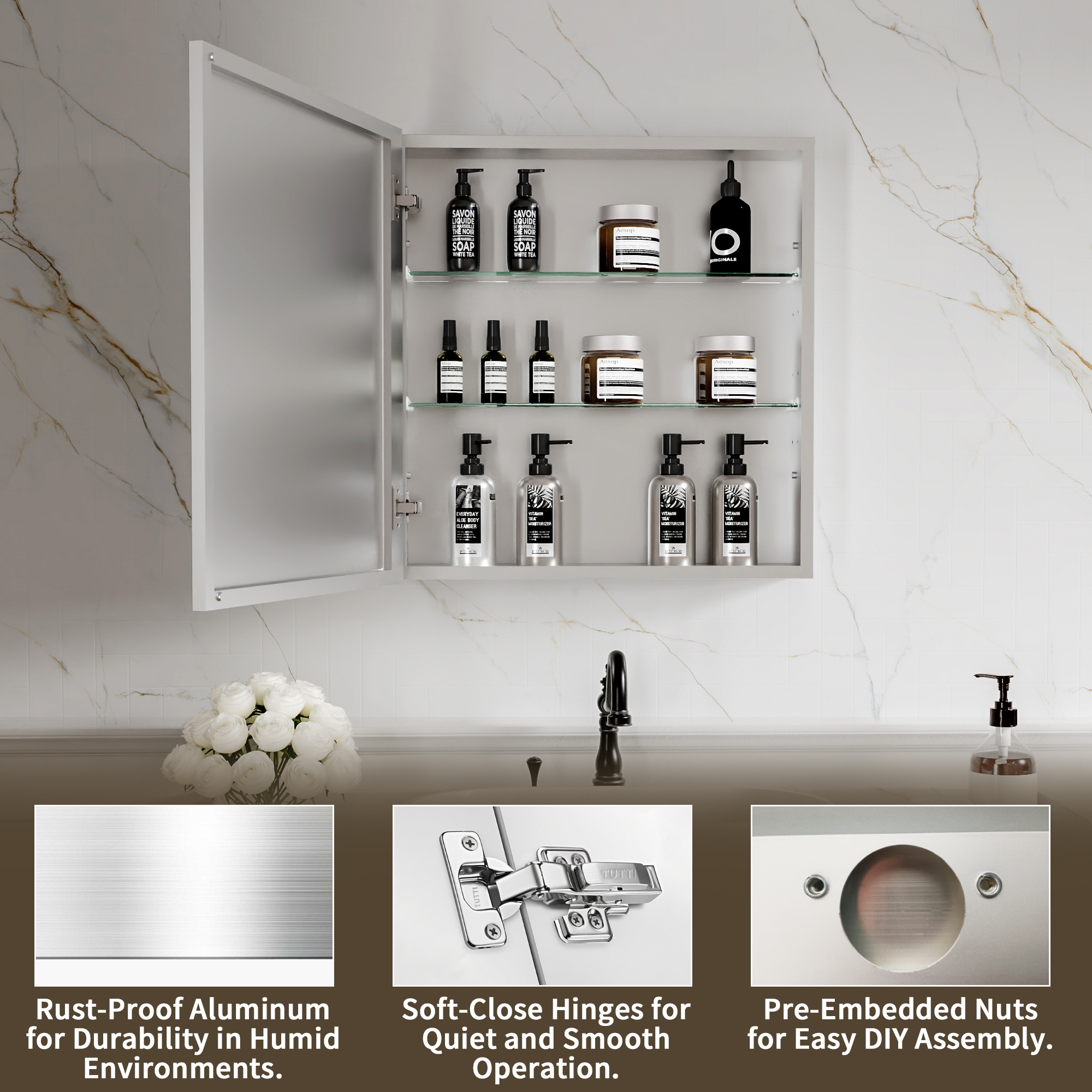 24" W x 26" Rectangular Medicine Cabinet with Mirror in Silver, Adjustable Shelves, Soft-Close Hinges, Side Mirror Equipped