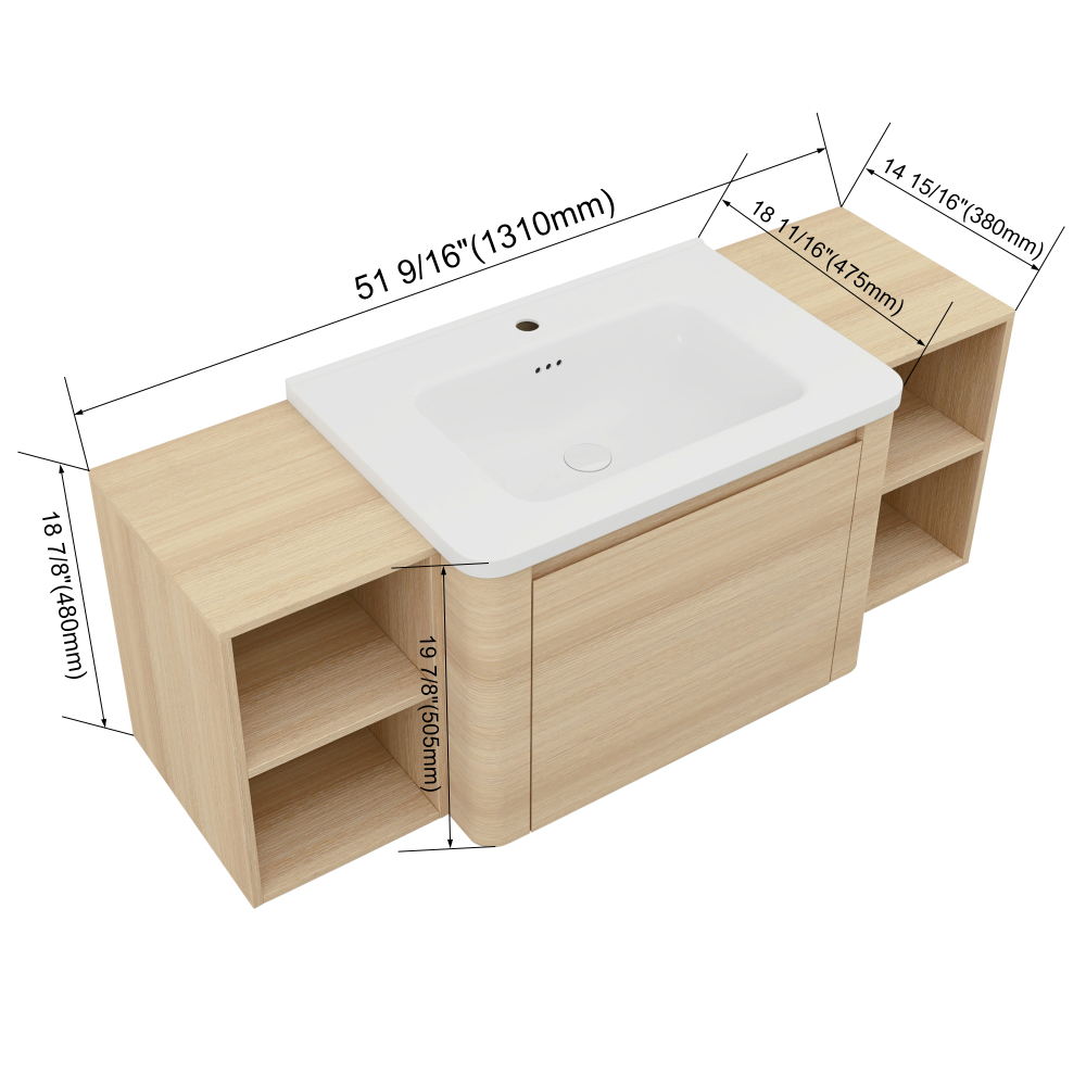52'' Wall-Mounted Bathroom Vanity with White Ceramic Sink and 2-Storage Shelves & 1-Soft-Close Door, KD-Packing, Plywood, American White Oak