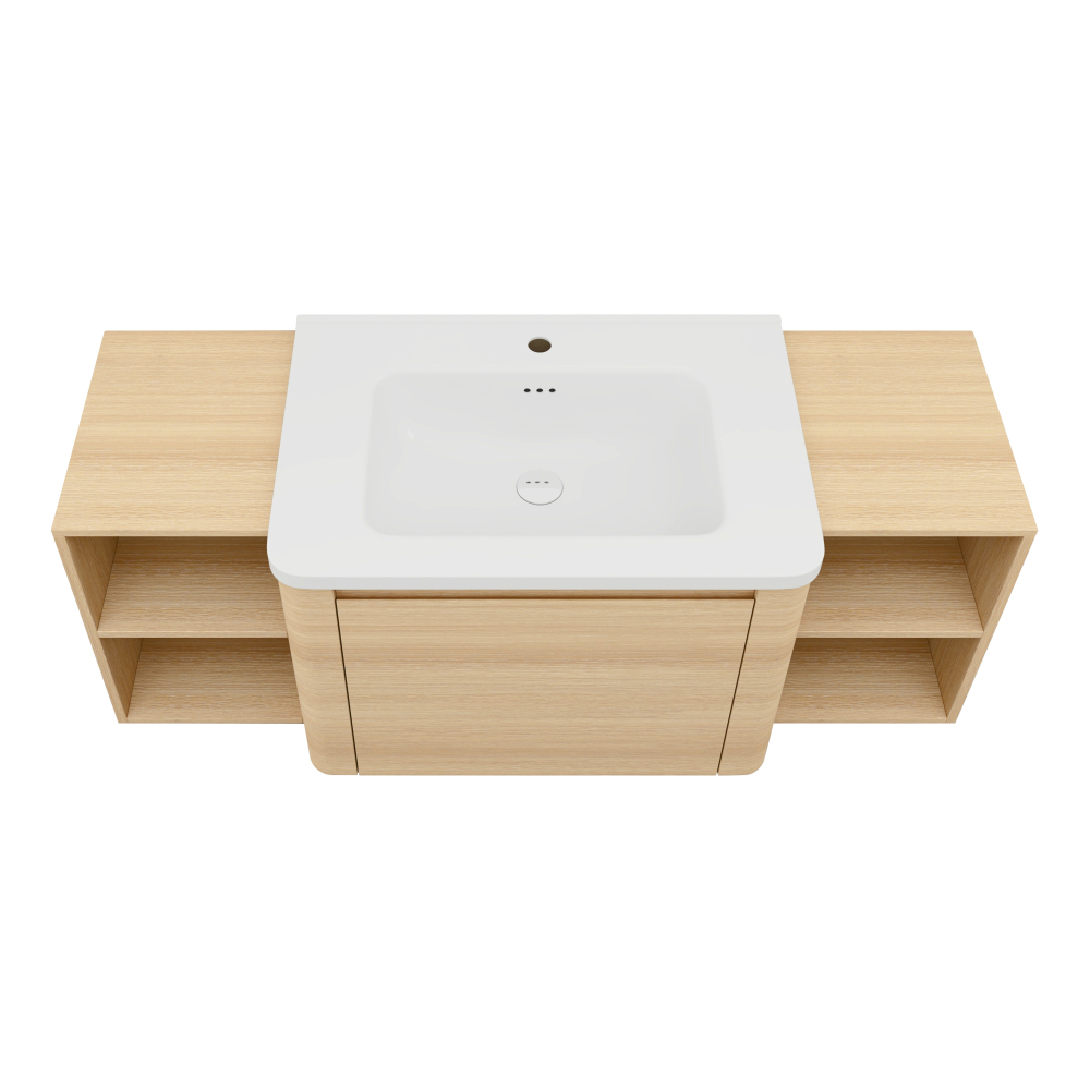52'' Wall-Mounted Bathroom Vanity with White Ceramic Sink and 2-Storage Shelves & 1-Soft-Close Door, KD-Packing, Plywood, American White Oak