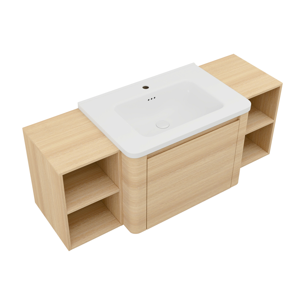 52'' Wall-Mounted Bathroom Vanity with White Ceramic Sink and 2-Storage Shelves & 1-Soft-Close Door, KD-Packing, Plywood, American White Oak
