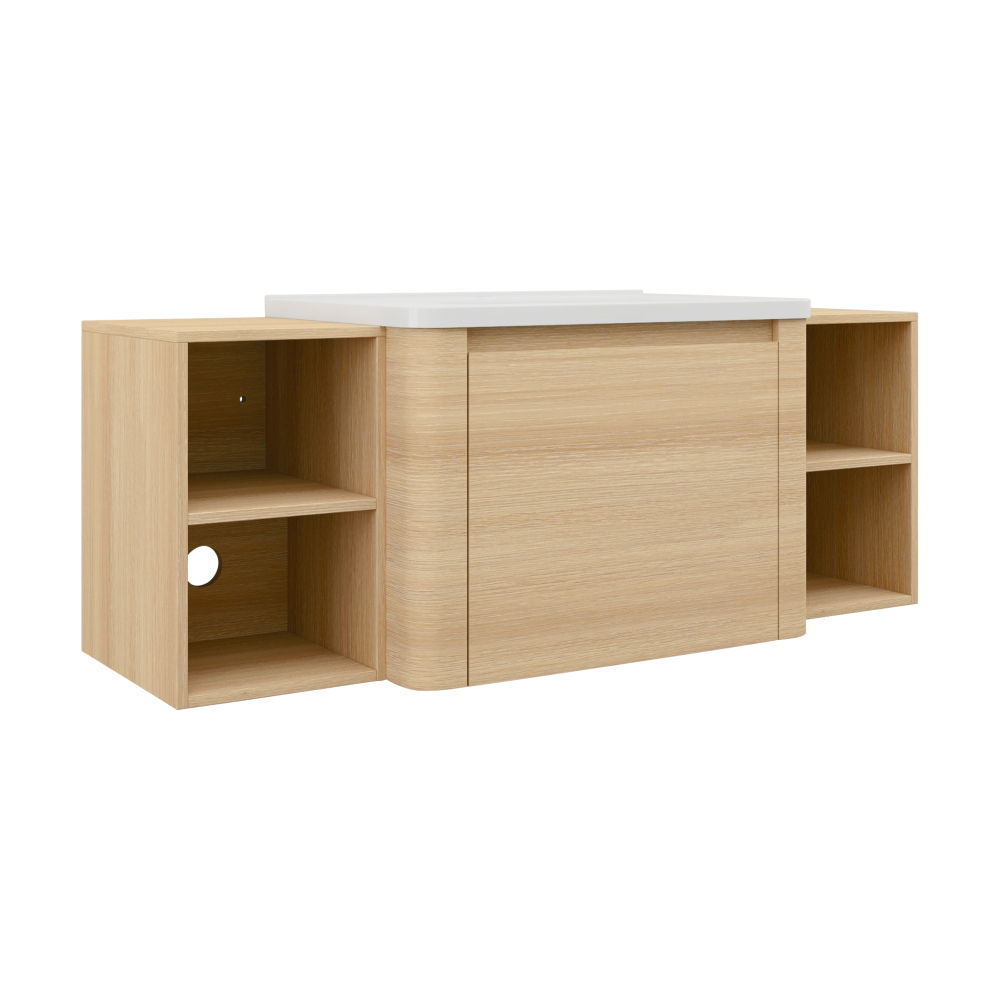 52'' Wall-Mounted Bathroom Vanity with White Ceramic Sink and 2-Storage Shelves & 1-Soft-Close Door, KD-Packing, Plywood, American White Oak