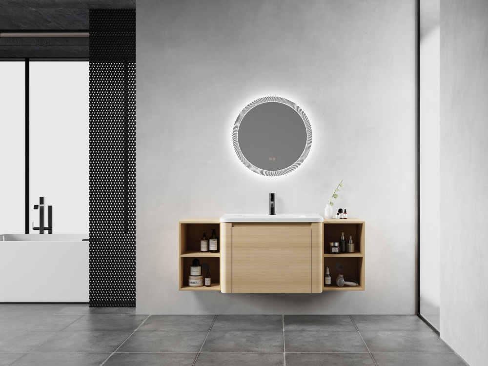 52'' Wall-Mounted Bathroom Vanity with White Ceramic Sink and 2-Storage Shelves & 1-Soft-Close Door, KD-Packing, Plywood, American White Oak