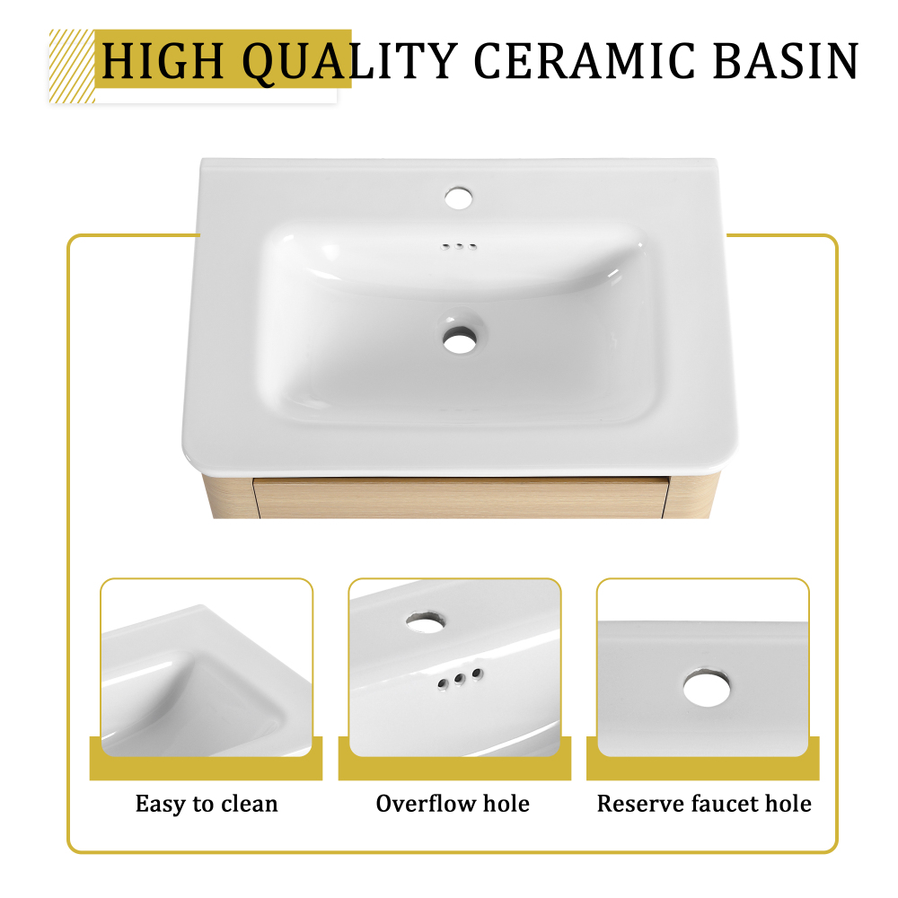 52'' Wall-Mounted Bathroom Vanity with White Ceramic Sink and 2-Storage Shelves & 1-Soft-Close Door, KD-Packing, Plywood, American White Oak