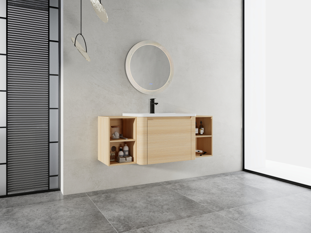 52'' Wall-Mounted Bathroom Vanity with White Ceramic Sink and 2-Storage Shelves & 1-Soft-Close Door, KD-Packing, Plywood, American White Oak