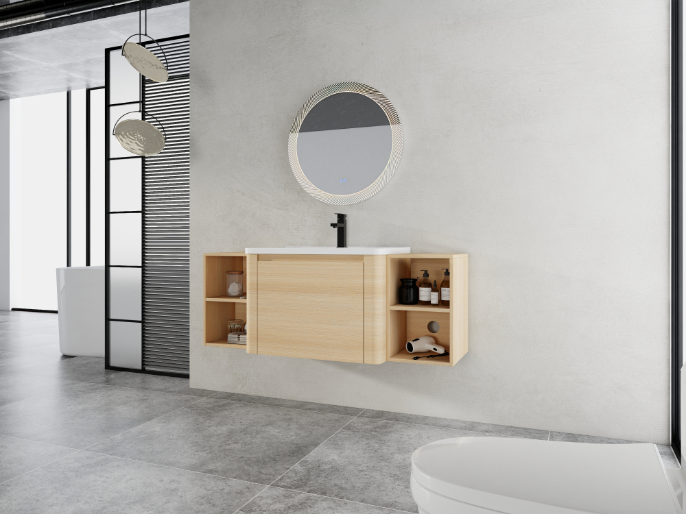 52'' Wall-Mounted Bathroom Vanity with White Ceramic Sink and 2-Storage Shelves & 1-Soft-Close Door, KD-Packing, Plywood, American White Oak