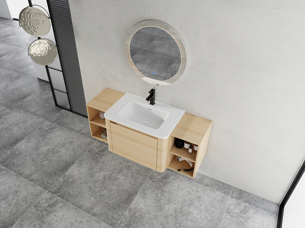 52'' Wall-Mounted Bathroom Vanity with White Ceramic Sink and 2-Storage Shelves & 1-Soft-Close Door, KD-Packing, Plywood, American White Oak