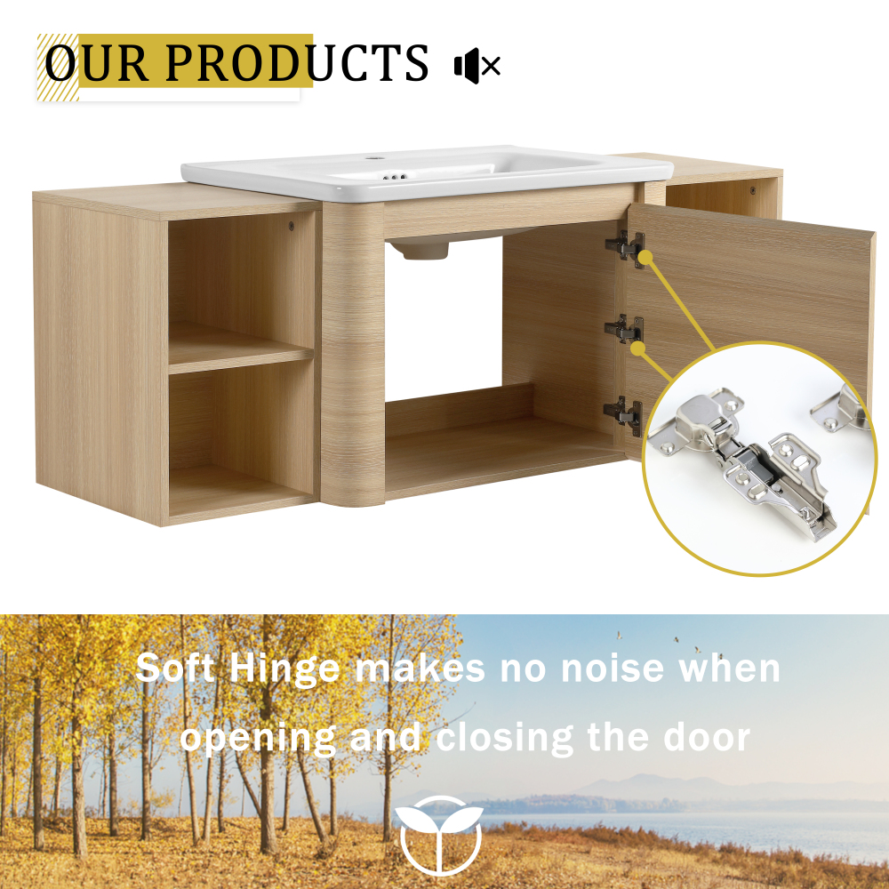 52'' Wall-Mounted Bathroom Vanity with White Ceramic Sink and 2-Storage Shelves & 1-Soft-Close Door, KD-Packing, Plywood, American White Oak