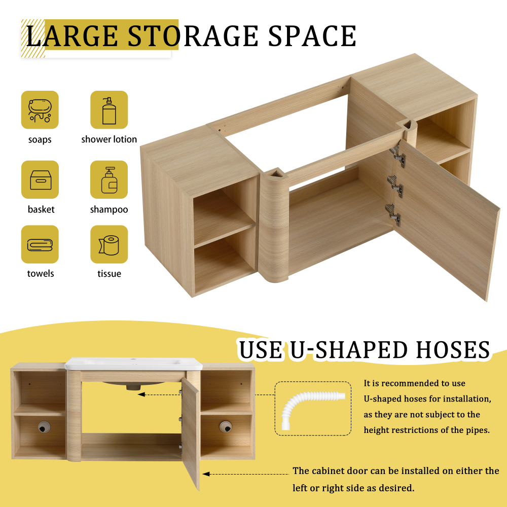 52'' Wall-Mounted Bathroom Vanity with White Ceramic Sink and 2-Storage Shelves & 1-Soft-Close Door, KD-Packing, Plywood, American White Oak