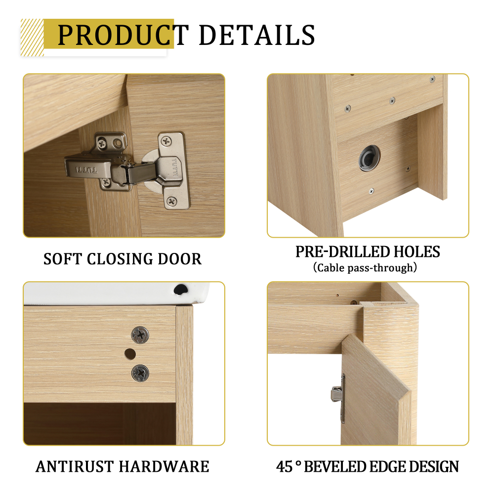 52'' Wall-Mounted Bathroom Vanity with White Ceramic Sink and 2-Storage Shelves & 1-Soft-Close Door, KD-Packing, Plywood, American White Oak