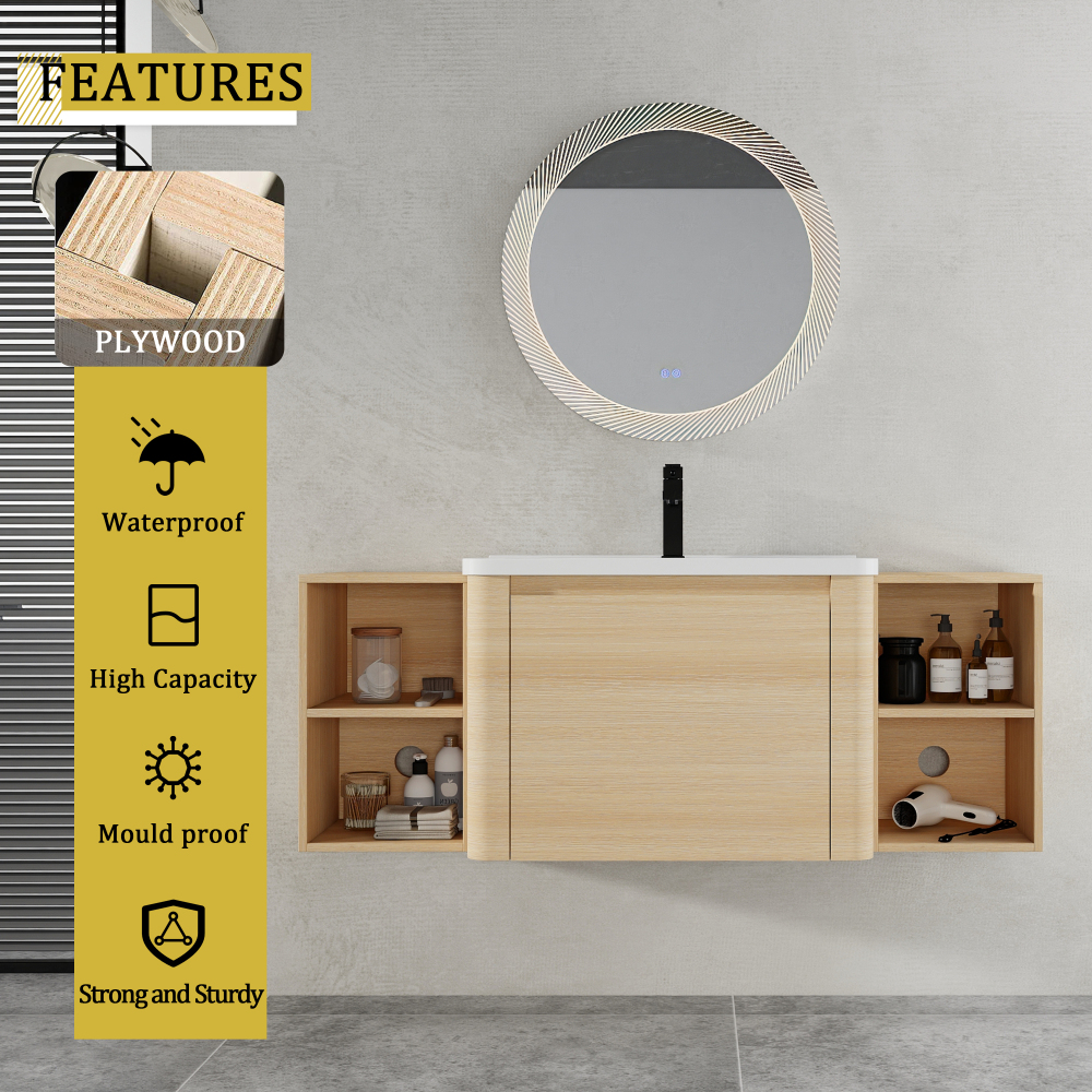 52'' Wall-Mounted Bathroom Vanity with White Ceramic Sink and 2-Storage Shelves & 1-Soft-Close Door, KD-Packing, Plywood, American White Oak