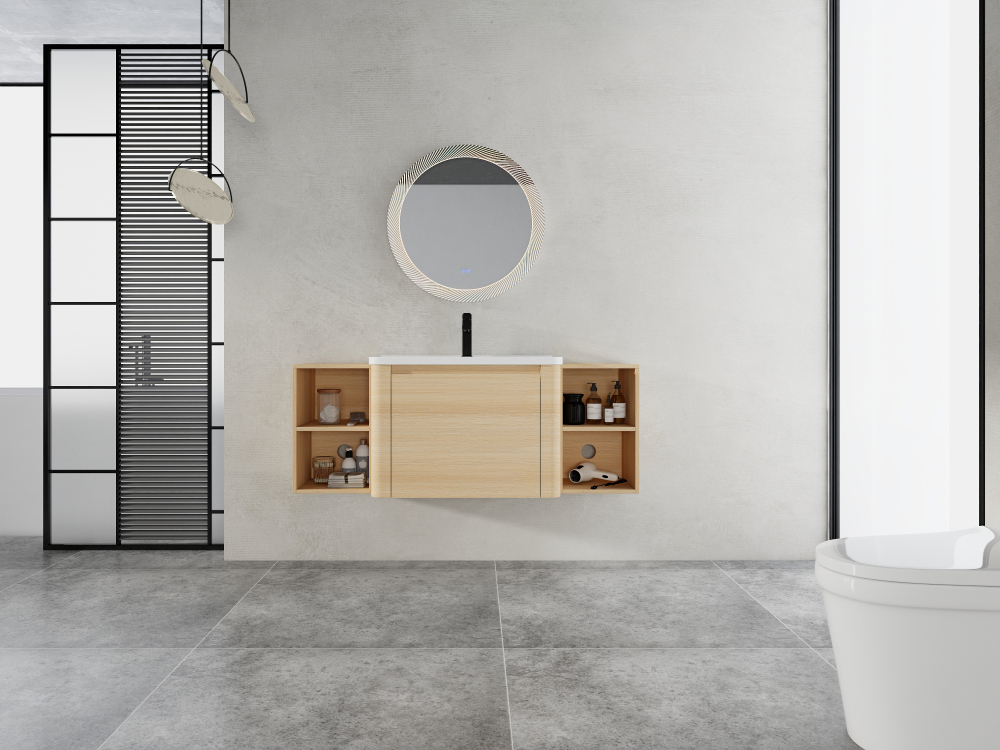 52'' Wall-Mounted Bathroom Vanity with White Ceramic Sink and 2-Storage Shelves & 1-Soft-Close Door, KD-Packing, Plywood, American White Oak