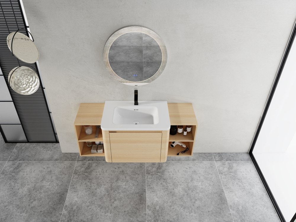 52'' Wall-Mounted Bathroom Vanity with White Ceramic Sink and 2-Storage Shelves & 1-Soft-Close Door, KD-Packing, Plywood, American White Oak