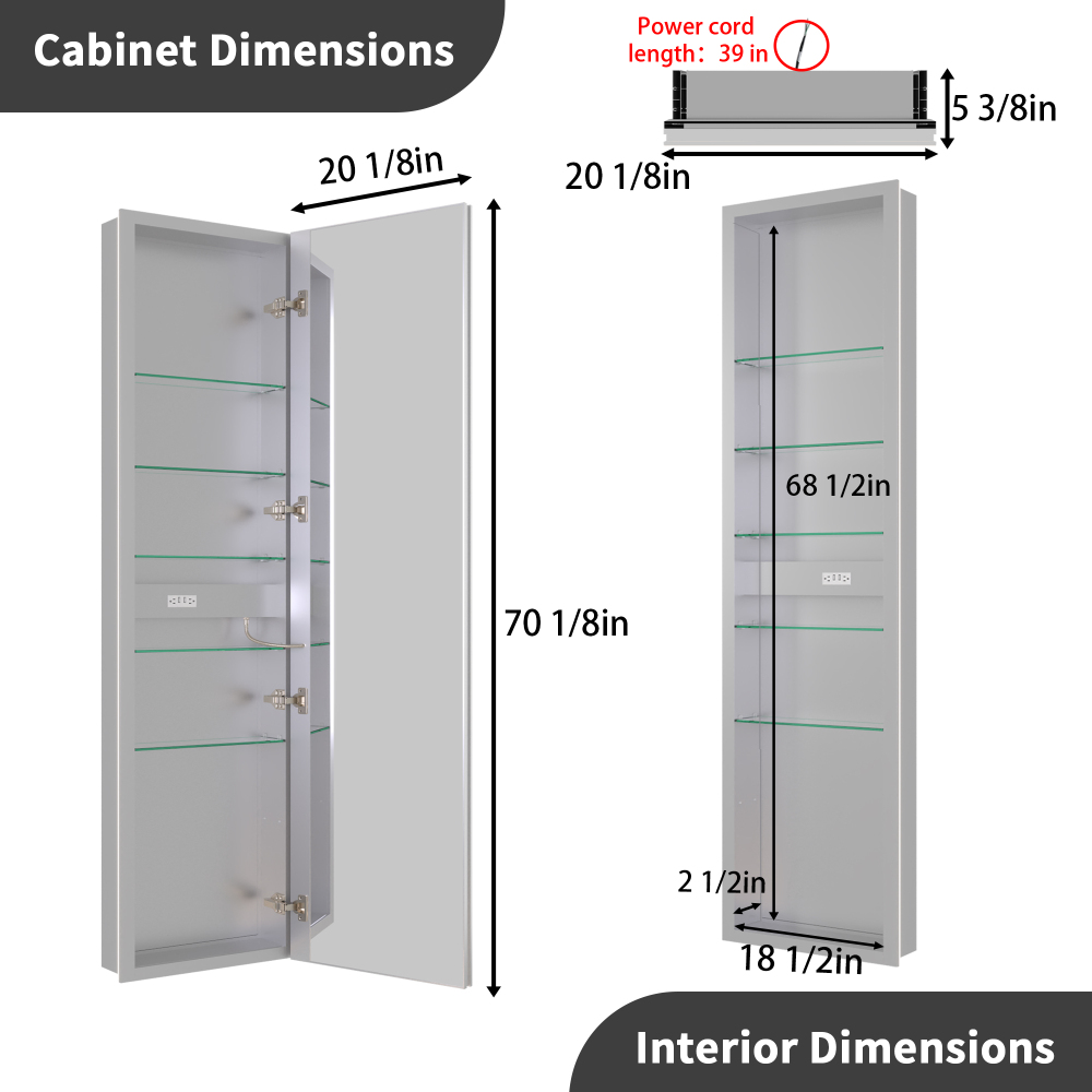 20" W x 70" Modern Full-Length Backlit LED Mirror Storage Cabinet