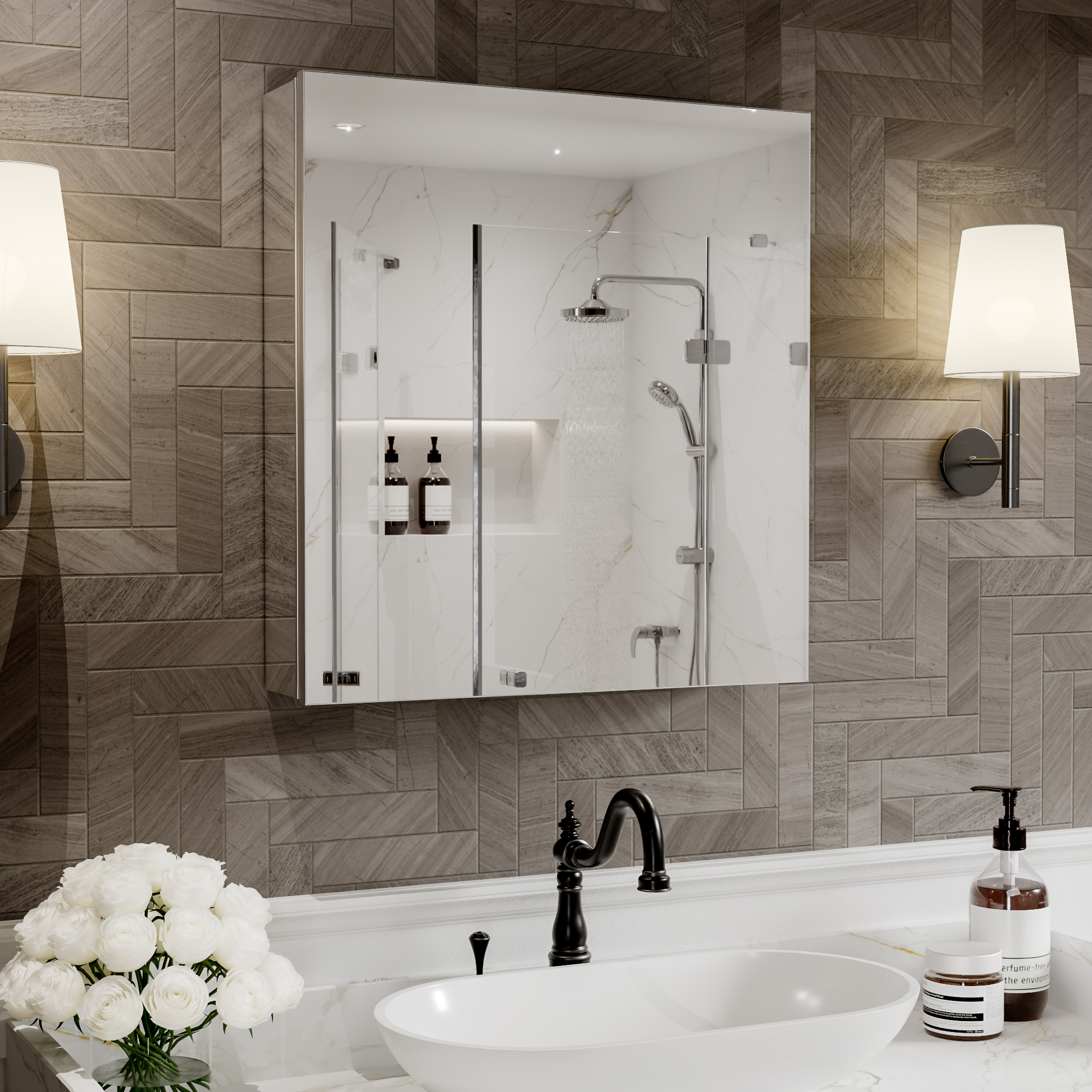 24" W x 26" Rectangular Medicine Cabinet with Mirror in Silver, Adjustable Shelves, Soft-Close Hinges, Side Mirror Equipped