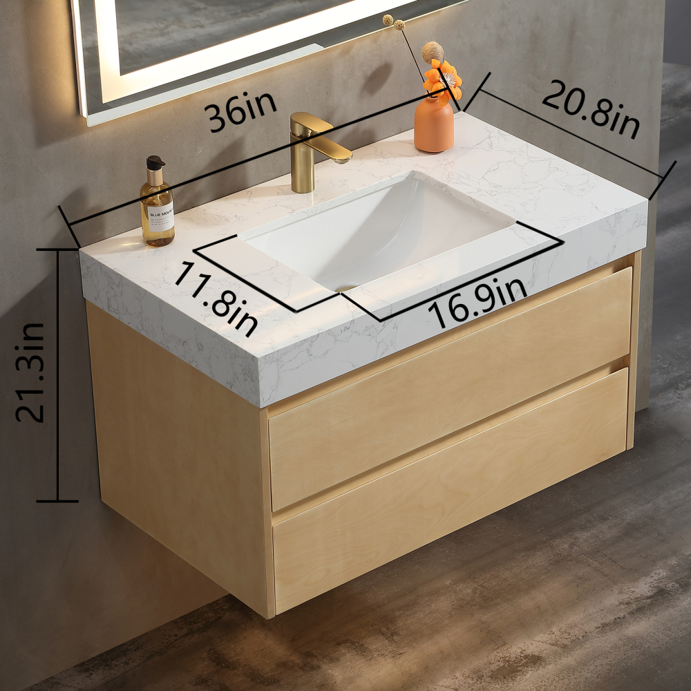36" L x 21"W x 18"H  Modern Solid Maple Bathroom Vanity