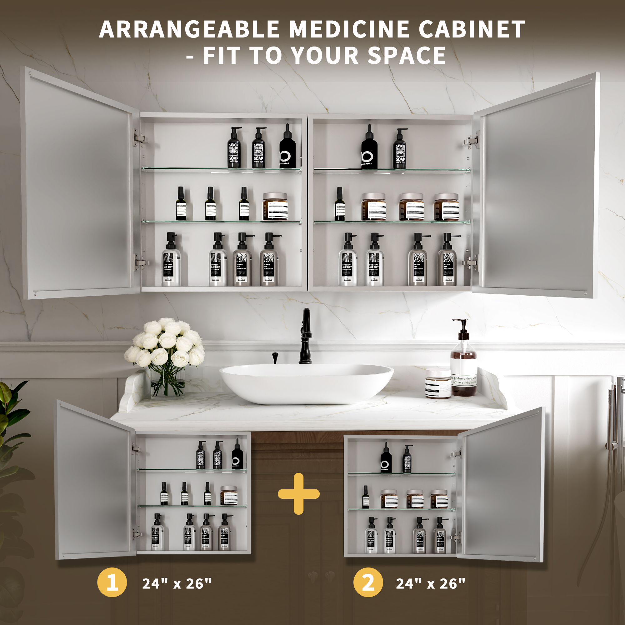 20" W x 24" Rectangular Medicine Cabinet with Mirror in Silver, Adjustable Shelves, Soft-Close Hinges, Side Mirror Equipped