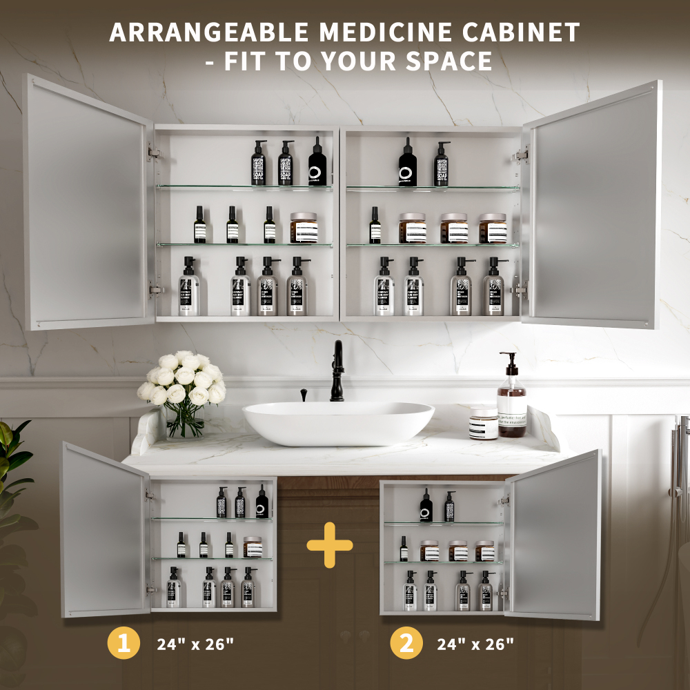 16" W x 24" Rectangular Medicine Cabinet with Mirror in Silver, Adjustable Shelves, Soft-Close Hinges, Side Mirror Equipped