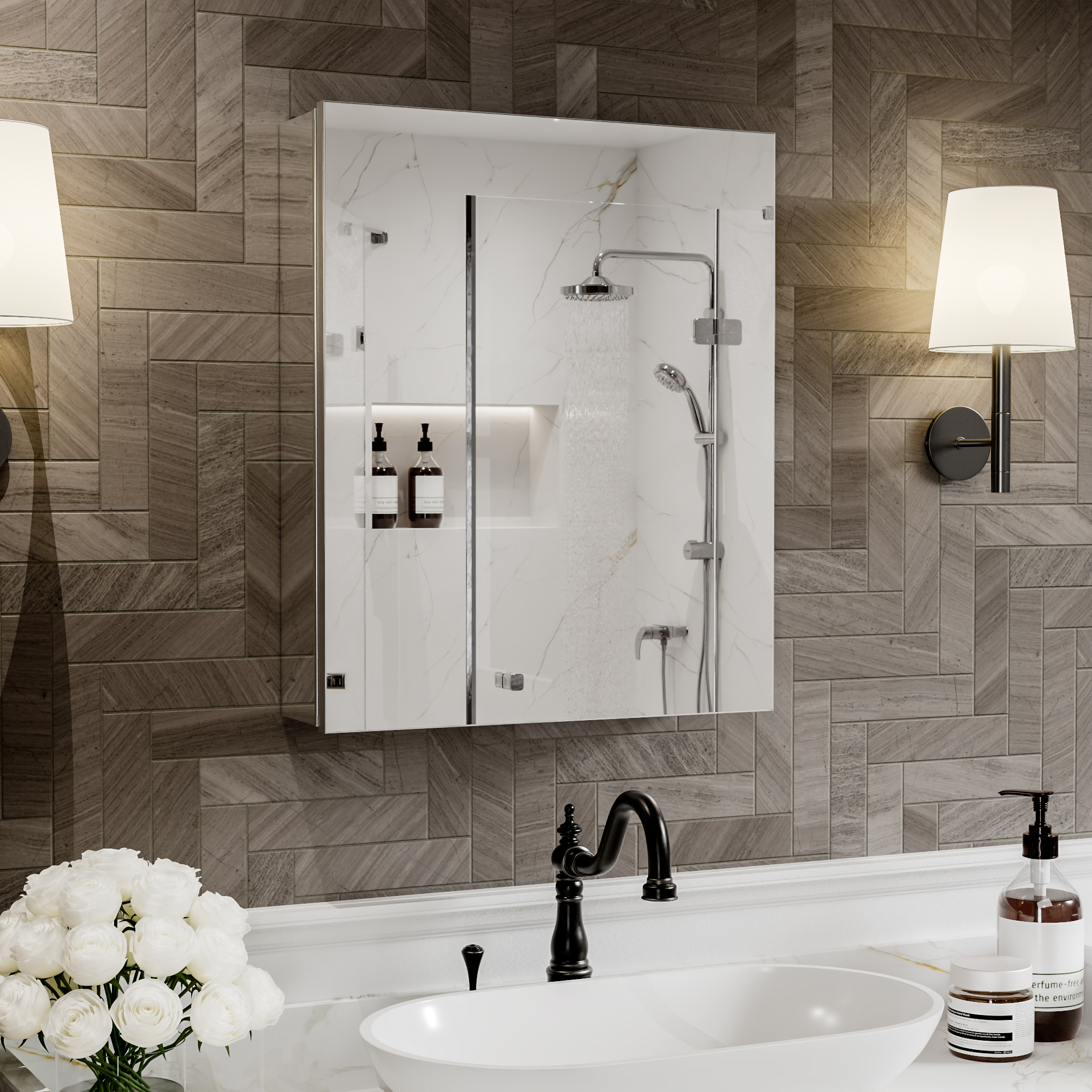 20" W x 24" Rectangular Medicine Cabinet with Mirror in Silver, Adjustable Shelves, Soft-Close Hinges, Side Mirror Equipped