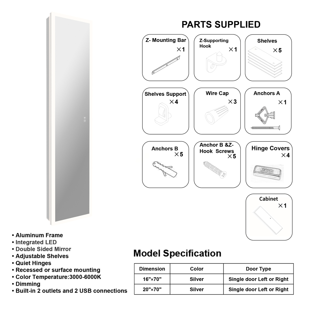 20" W x 70" Modern Full-Length Backlit LED Mirror Storage Cabinet