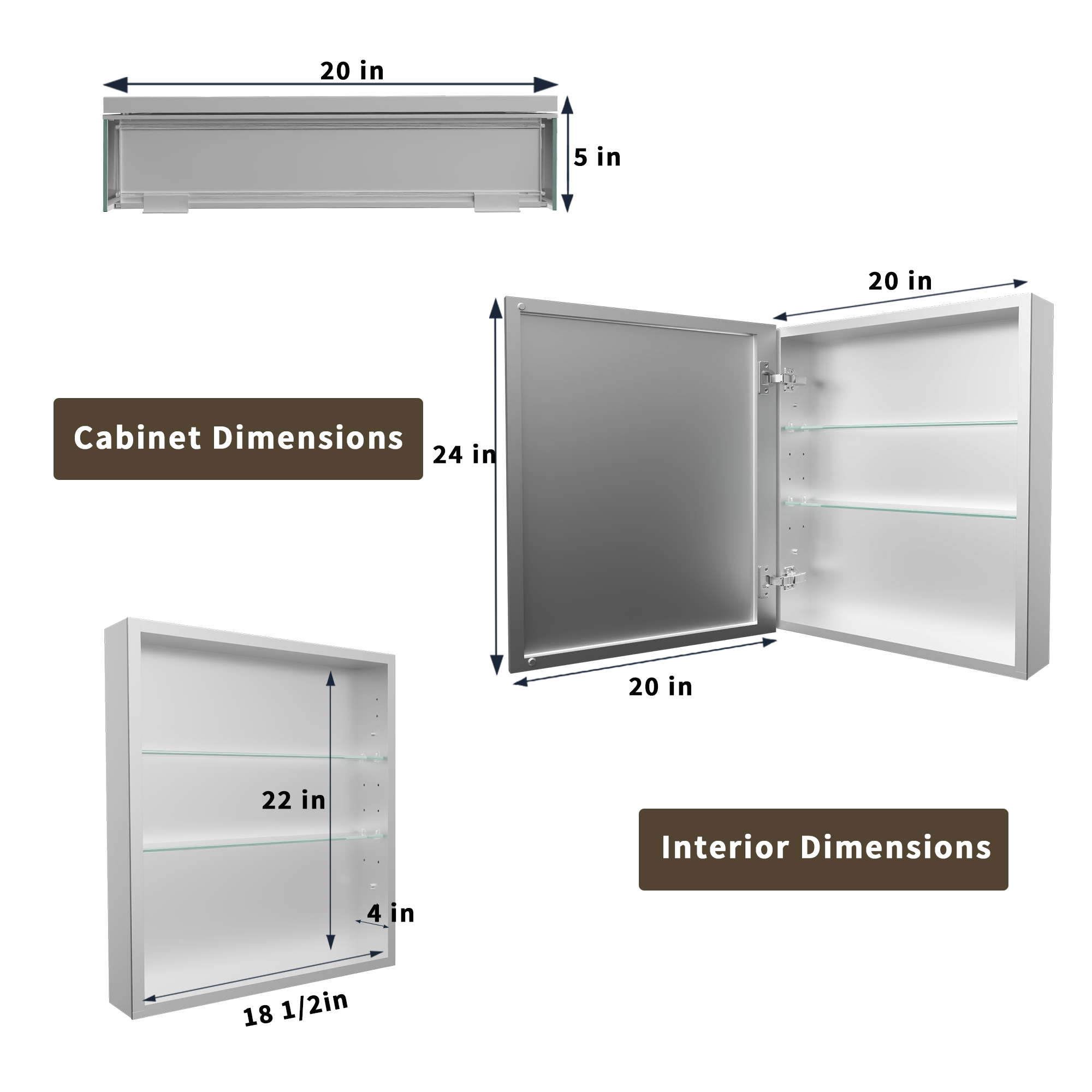 20" W x 24" Rectangular Medicine Cabinet with Mirror in Silver, Adjustable Shelves, Soft-Close Hinges, Side Mirror Equipped