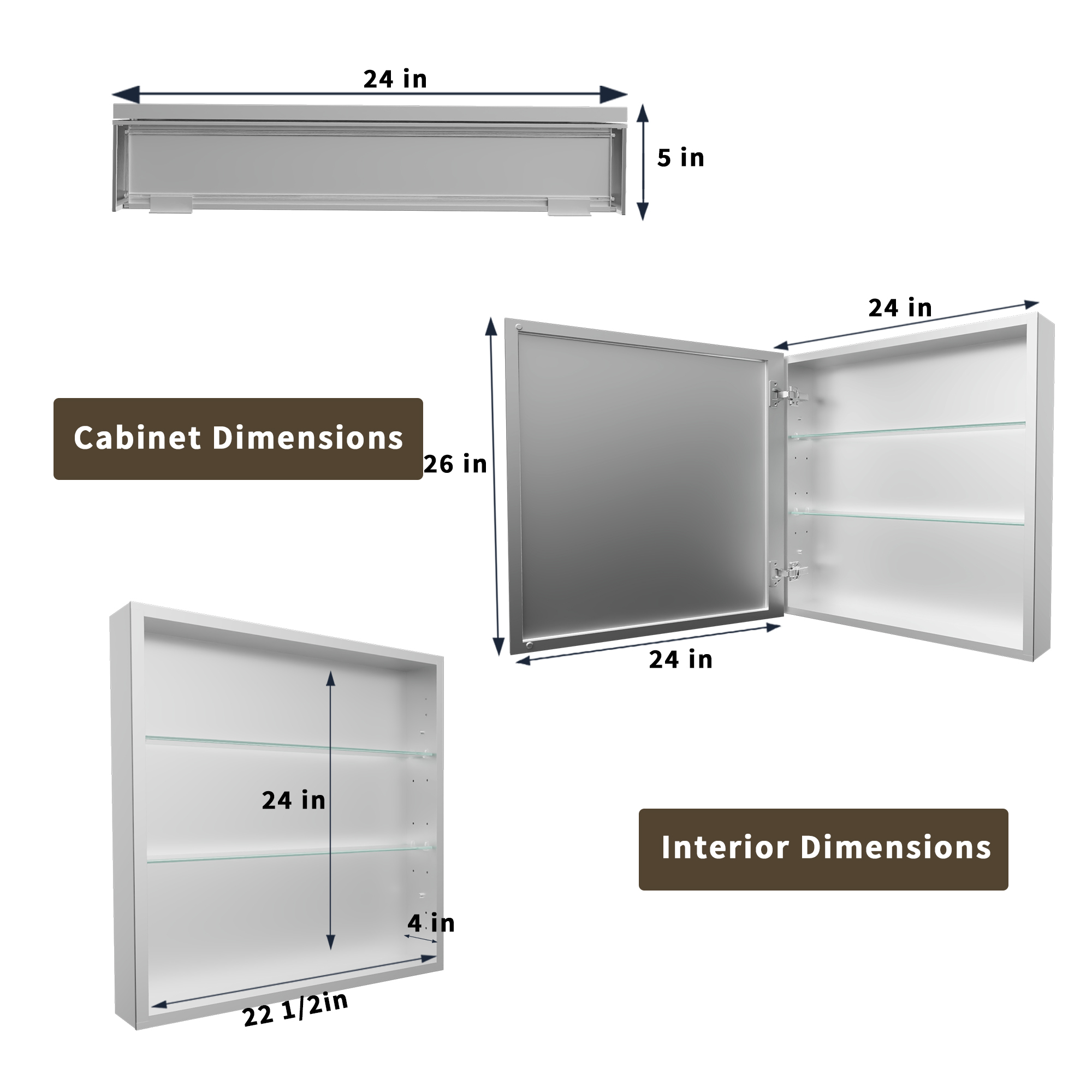 24" W x 26" Rectangular Medicine Cabinet with Mirror in Silver, Adjustable Shelves, Soft-Close Hinges, Side Mirror Equipped