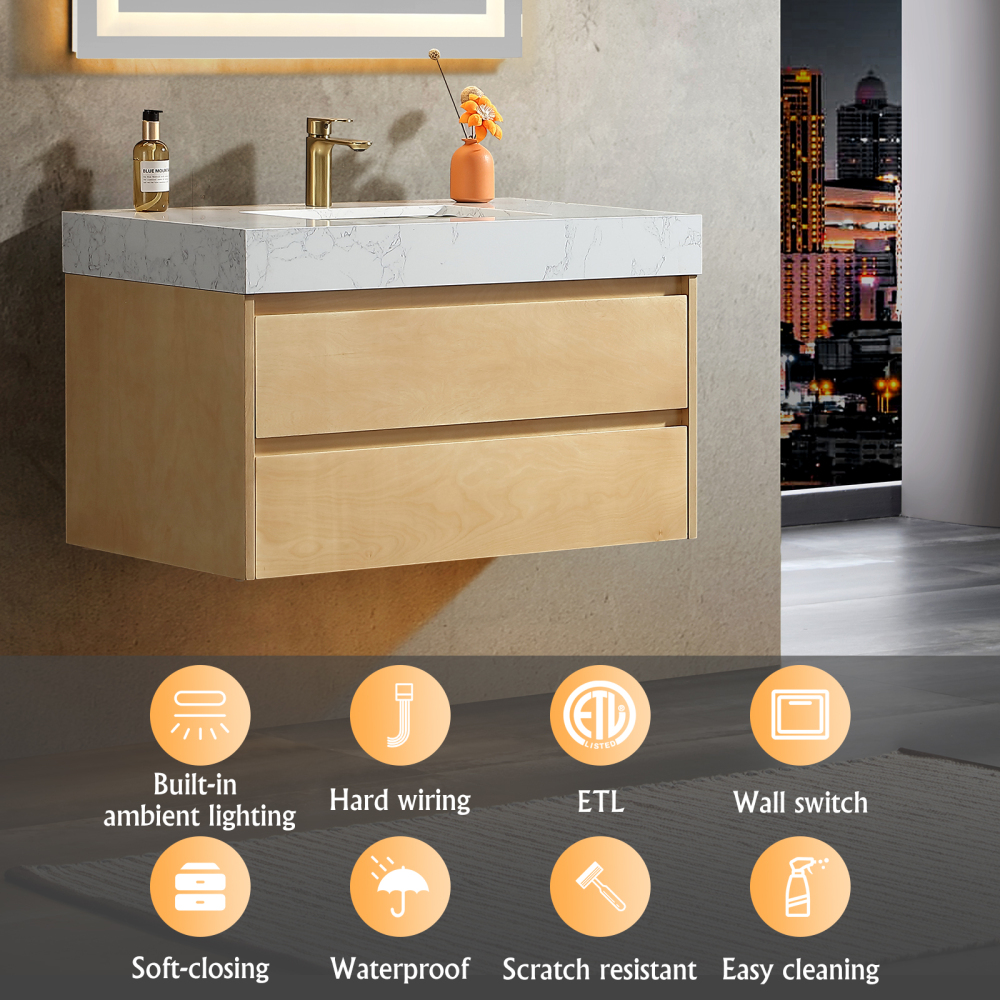 36" L x 21"W x 18"H  Modern Solid Maple Bathroom Vanity