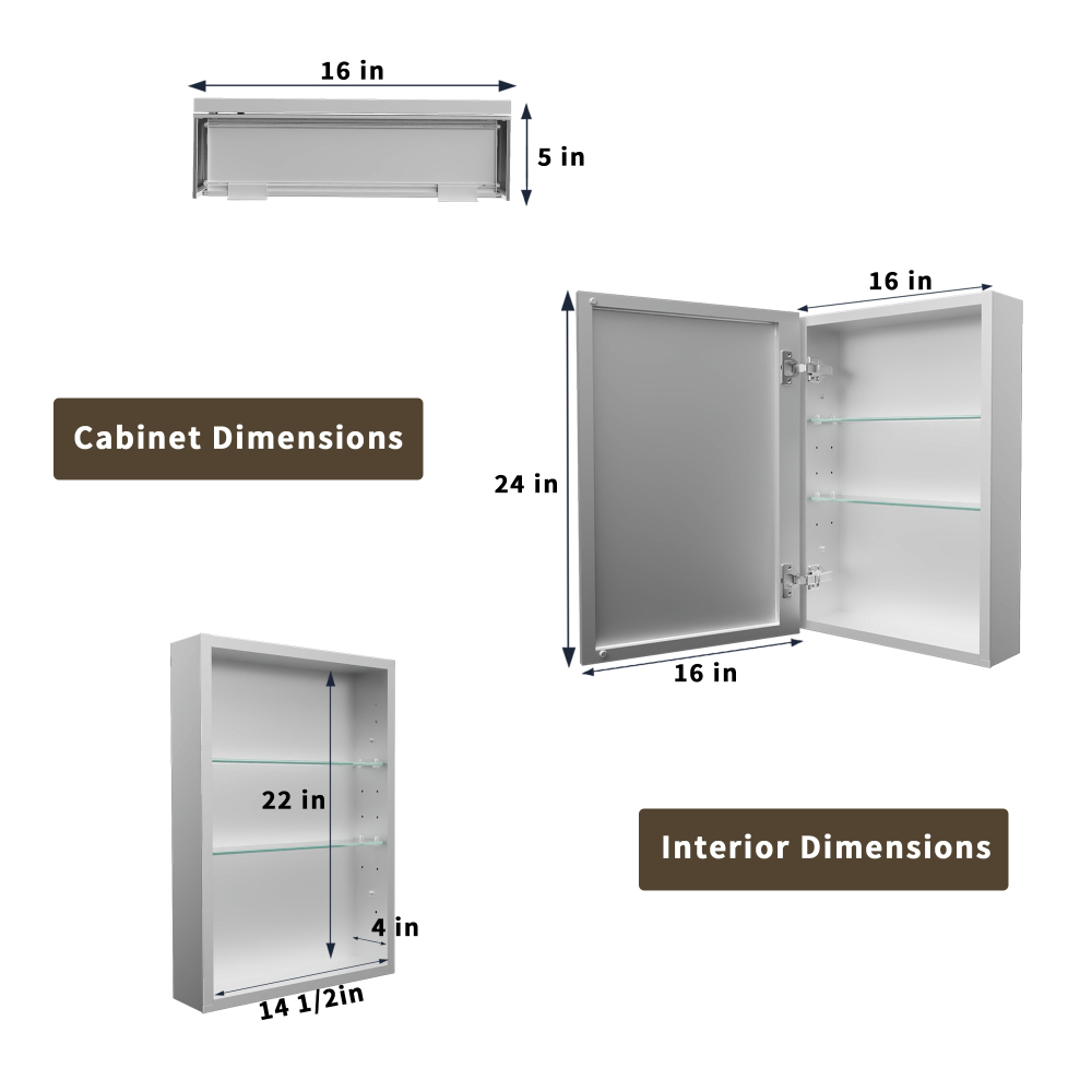16" W x 24" Rectangular Medicine Cabinet with Mirror in Silver, Adjustable Shelves, Soft-Close Hinges, Side Mirror Equipped