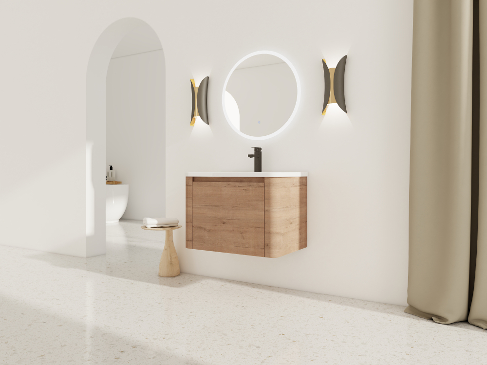 28'' Wall-Mounted Bathroom Vanity with White Ceramic Sink & 1-Soft-Close Door, KD-Packing, Plywood