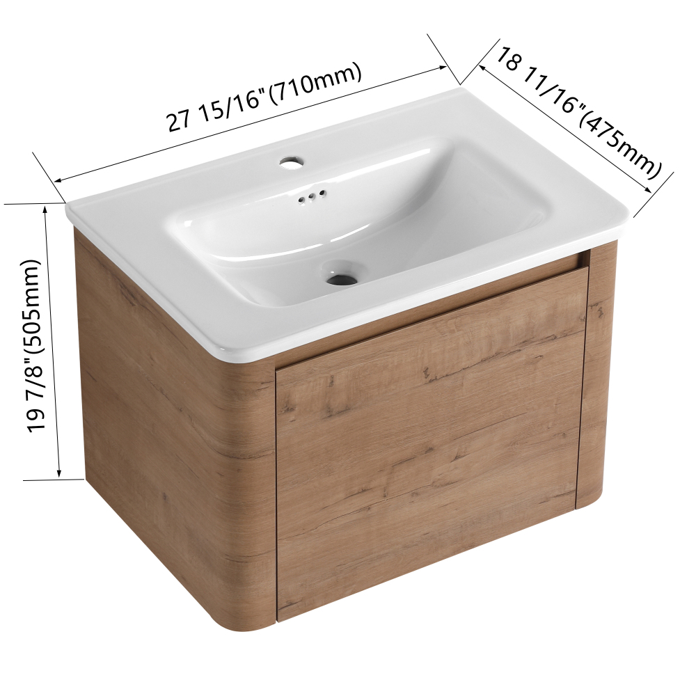 28'' Wall-Mounted Bathroom Vanity with White Ceramic Sink & 1-Soft-Close Door, KD-Packing, Plywood