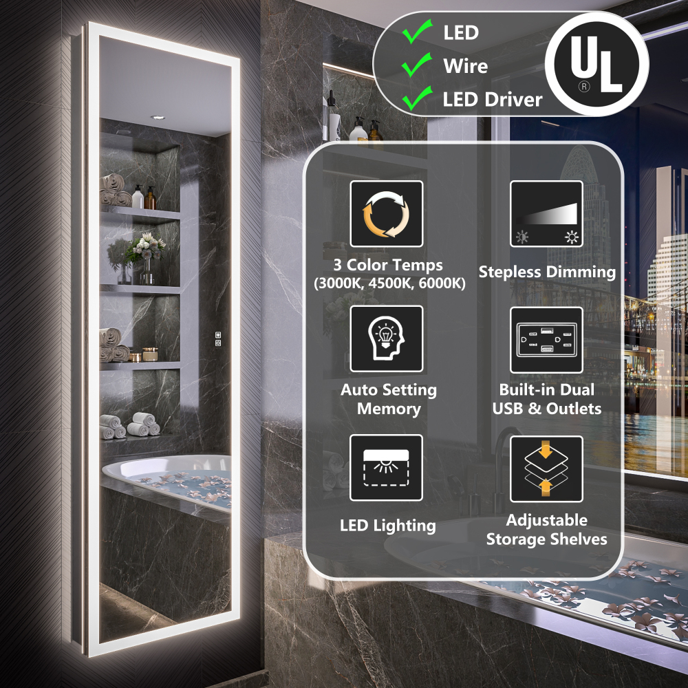 20" W x 70" Modern Full-Length Backlit LED Mirror Storage Cabinet