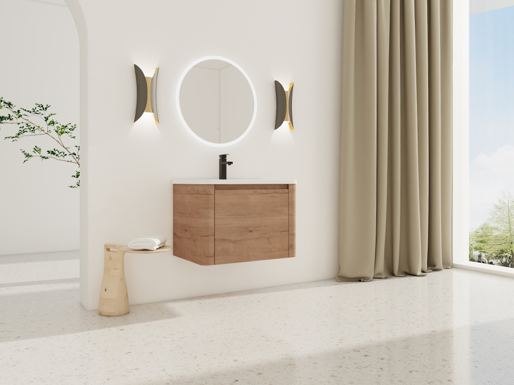 28'' Wall-Mounted Bathroom Vanity with White Ceramic Sink & 1-Soft-Close Door, KD-Packing, Plywood