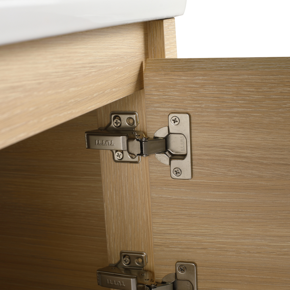 52'' Wall-Mounted Bathroom Vanity with White Ceramic Sink and 2-Storage Shelves & 1-Soft-Close Door, KD-Packing, Plywood, American White Oak