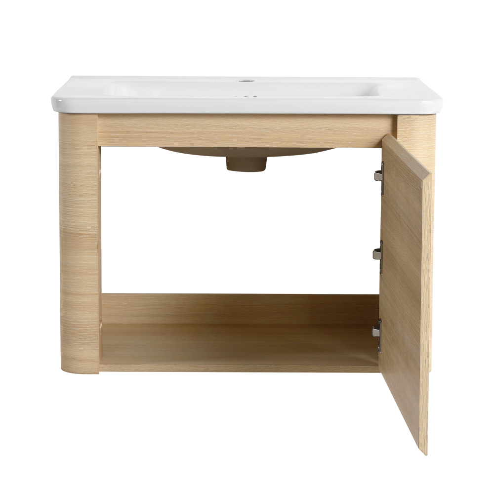 52'' Wall-Mounted Bathroom Vanity with White Ceramic Sink and 2-Storage Shelves & 1-Soft-Close Door, KD-Packing, Plywood, American White Oak