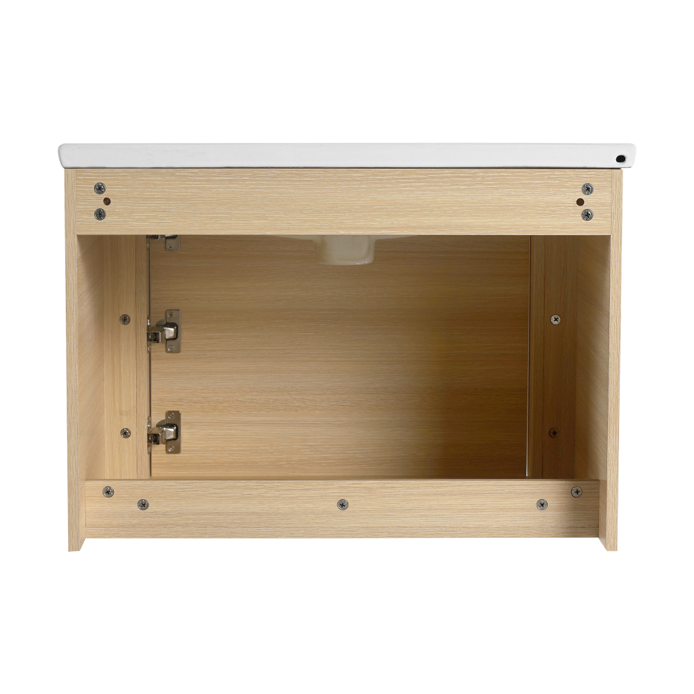 52'' Wall-Mounted Bathroom Vanity with White Ceramic Sink and 2-Storage Shelves & 1-Soft-Close Door, KD-Packing, Plywood, American White Oak